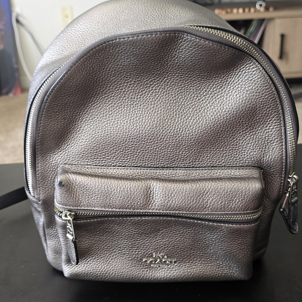 Coach Metallic Gray Leather Backpack